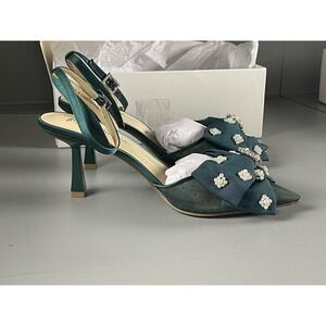 Betsey Johnson SB-MARK Shoes Womens Size 8.5M Emerald Pearl Bow Slingback Heels